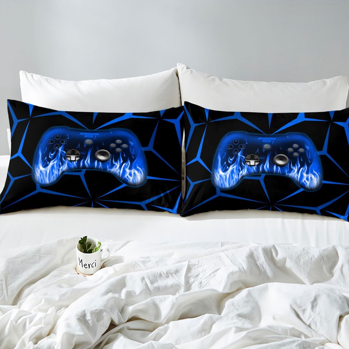 Homemissing Kids Gamer Duvet Cover Set,Gaming Bedding Set Single Size for Boys Girls,3D Geometric Video Game Console Comforter Cover,Blue and Black Game Contoller Bedclothes - Image 4