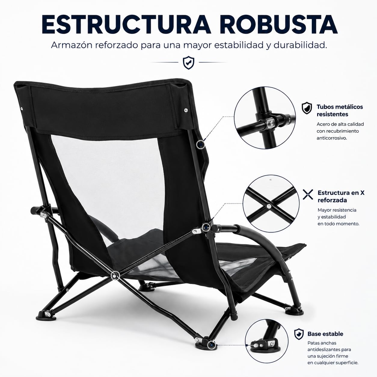 T-LOVENDO.ES Silla Plegable Baja de Playa y Camping/Portátil y Compacta/Respaldo Transpirable/Reposabrazos Acolchados/Estructura de Acero Robusta/Patas Antideslizantes/hasta 150 kg