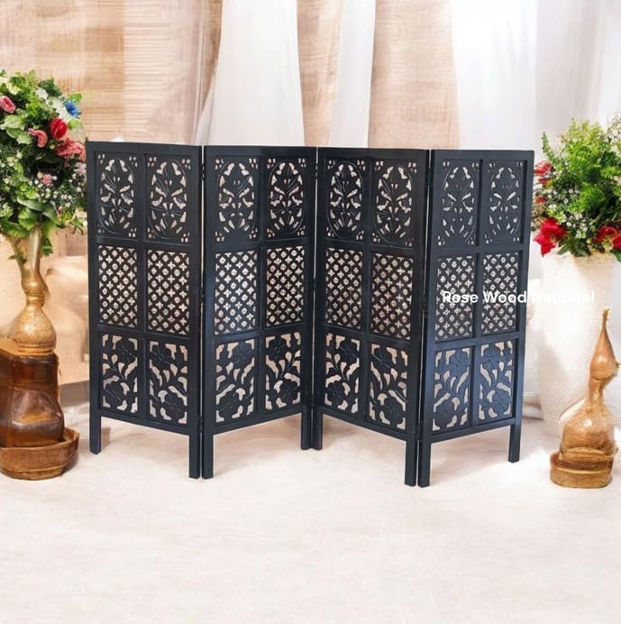Image of Wooden Room Divider 6 Feet, 4-Panel Folding Wooden Partition for Living Room, Office, Pooja Room, Restaurant, Kitchen & Balcony (2W x 1.82H Meters). (Black Mixed Design)