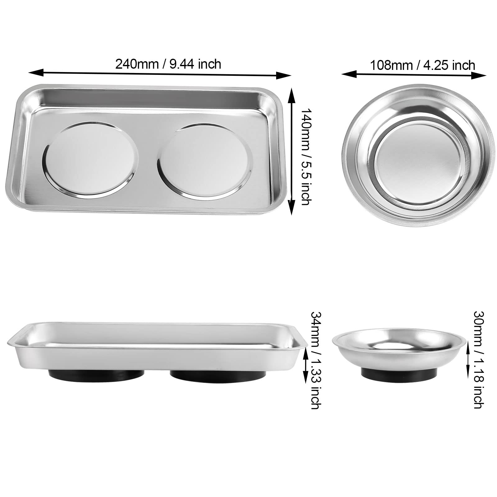 JOIKIT Magnetische Werkzeugablage aus Edelstahl, magnetische Werkzeugablage für Schrauben, Bolzen, Muttern, 10,6 cm runde Tabletts und 24,9 x 14,9 cm rechteckige Ablage