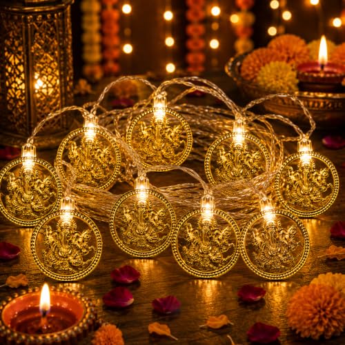 Image of MoonlitDreams Ganesh LED String Lights, 10 Golden Metallic Decorative Lights, 3 Meter Plug-in Lights for Diwali Decoration, Ganpati, Mandir, Pooja Room & Home Decor (Pack of 1)
