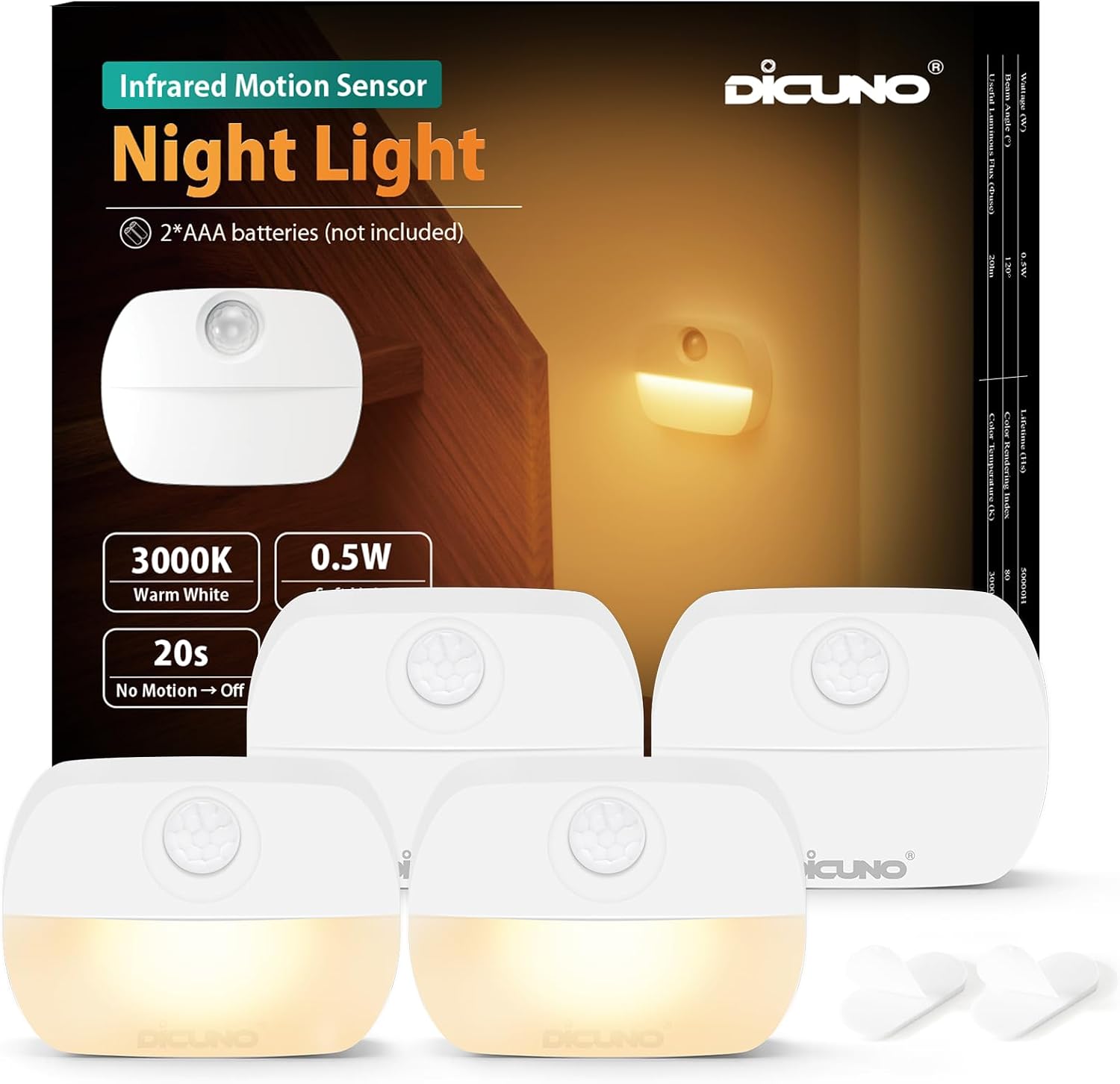 DiCUNO Motion Sensor Night Light, Stick-On, Battery Operated, 3000K, 4-Pack