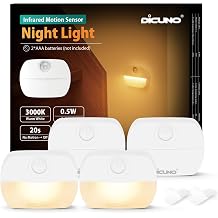 DiCUNO Motion Sensor Night Light, Stick-On Nightlight with Dusk to Dawn Sensor, 20lm, 3000K Warm White, 0.5W, Battery Operated Night Lights LED for Bedroom, Bathroom, Hallway, Stairs, 4-Pack