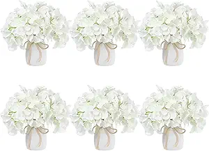Leinuosen 30 Pcs Artificial Hydrangea Flowers and 6 Plastic Vases Set Silk White Fake Hydrangea Full Flowers Heads with Stems Bulk for Wedding Centerpieces Table Decorations Home Baby Shower Garden
