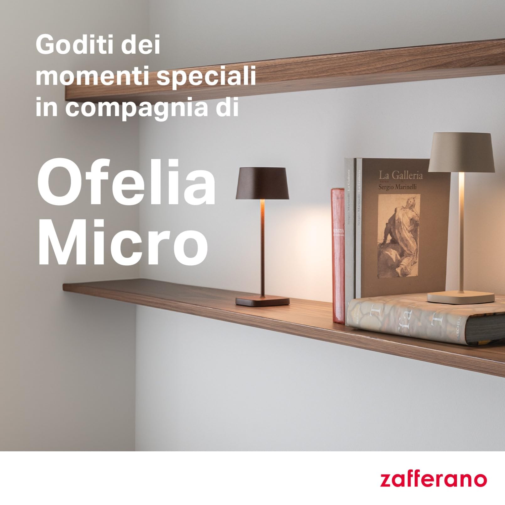 Zafferano, Lampada Ofelia Micro, Lampada da Tavolo Ricaricabile e Senza Fili con Controllo Touch, Adatta per Salotto ed Esterni, Dimmer, 2200-3000 K, Altezza 20 cm, Colore Bianco