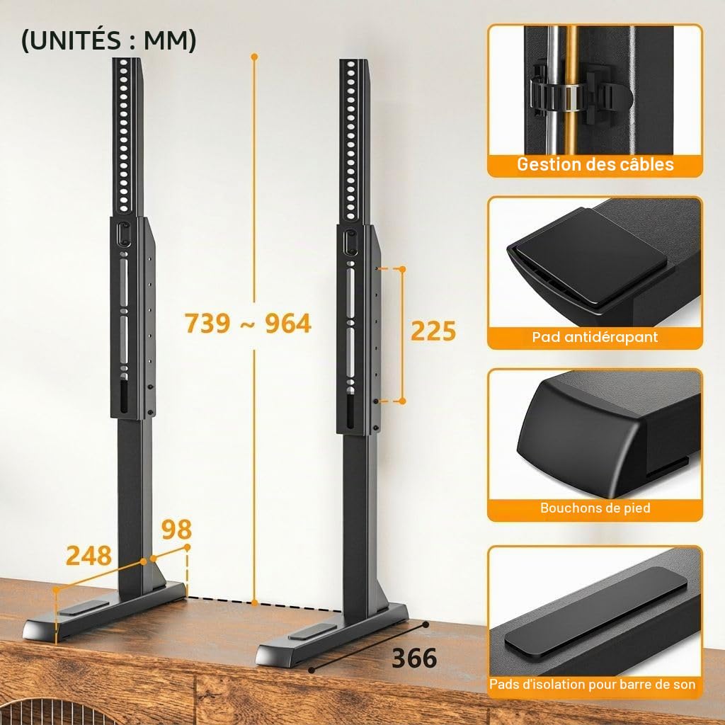 TVON Support TV de Table avec Pieds de TV Réglables en Hauteur, Base de Support TV avec Gestion des Câbles pour Téléviseurs 37 à 86 Pouces, Pieds en Acier Supportent jusqu'à 68 KG, VESA Max 800x600mm