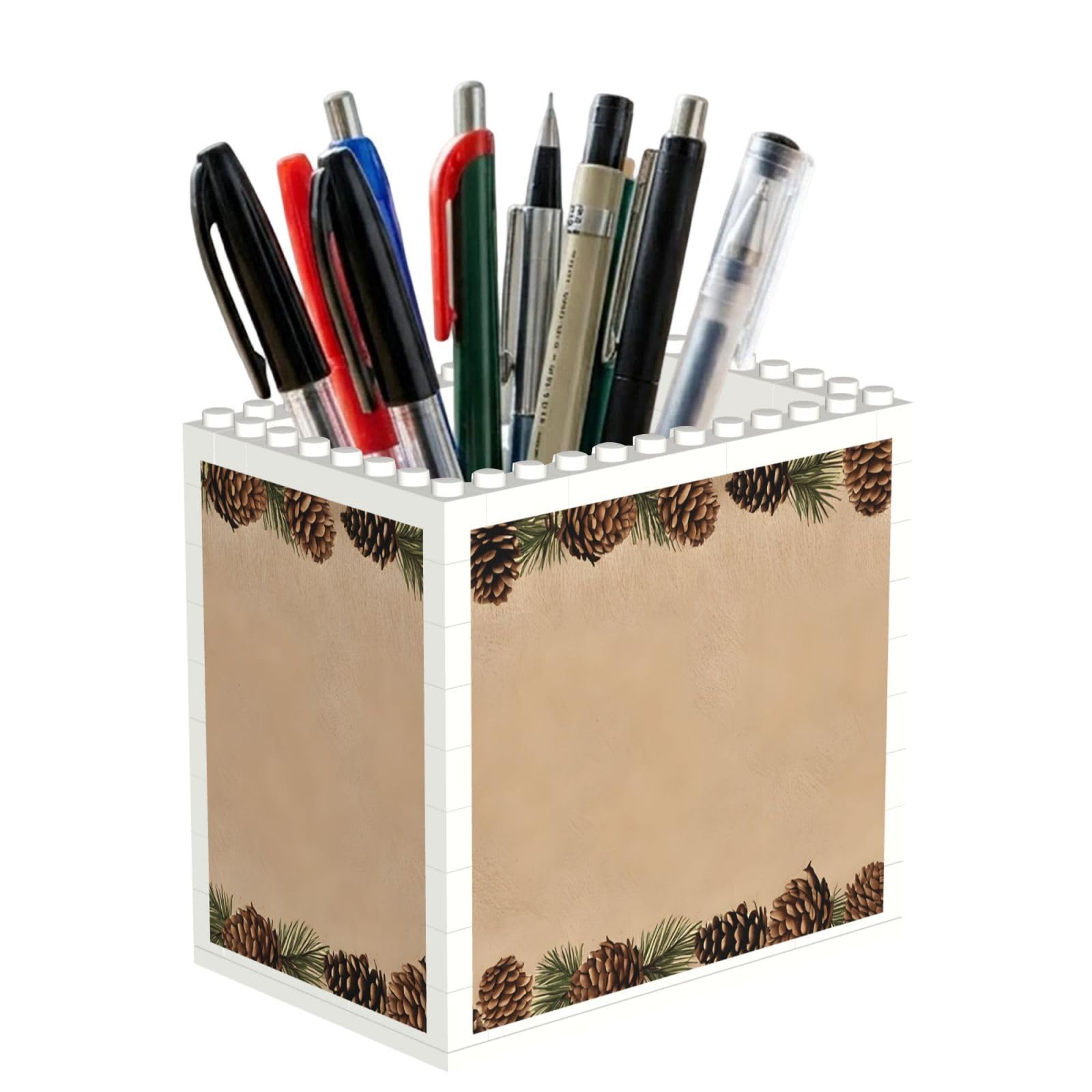 ESNAIUVCD Pine Cone Border Print Building Block Pen Holder - Pencil Holder For Desk/Classroom,Desk Accessories, Multifunctional Office Supplies Pen Organizer Pencil Cups(1pcs)