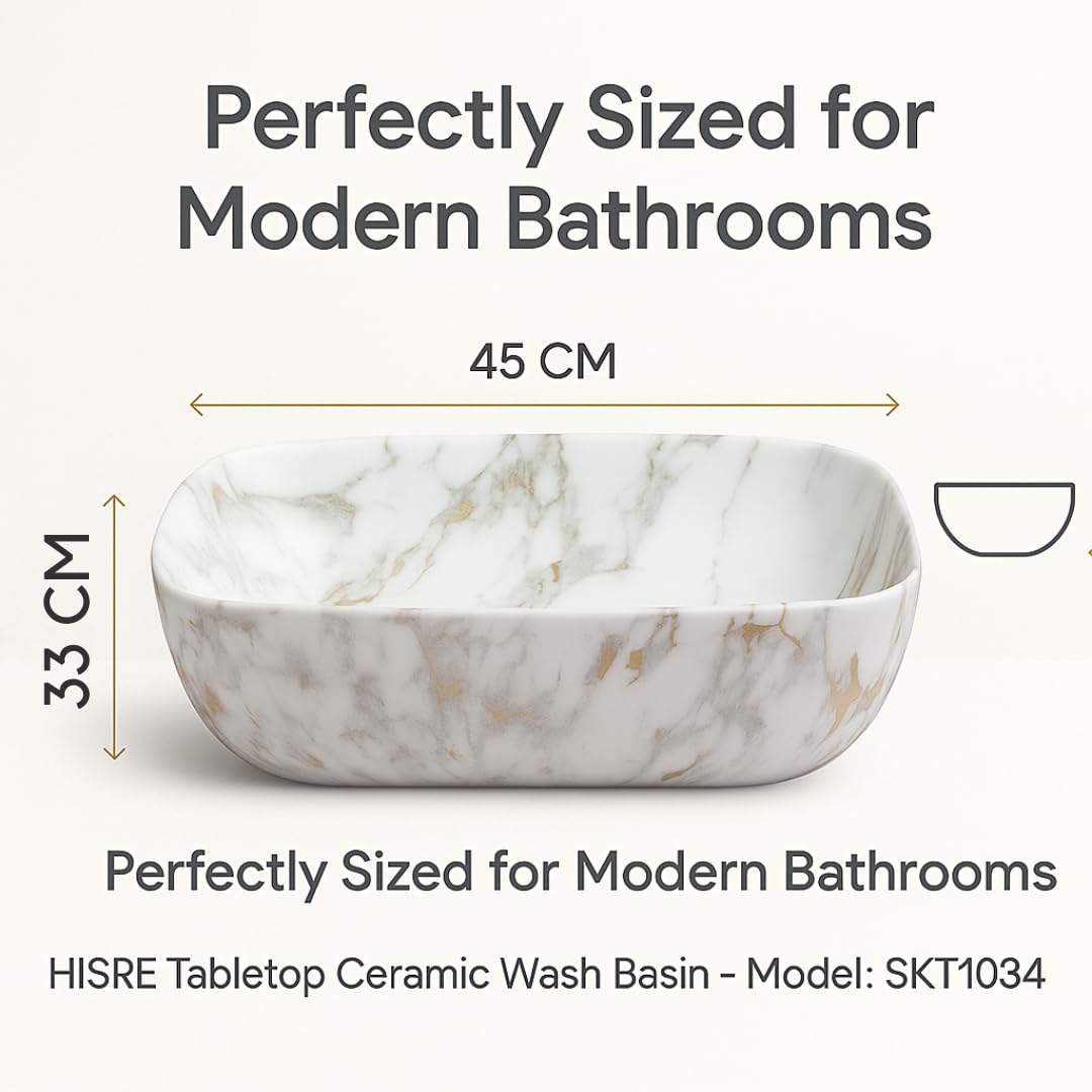HISRE Table Top Wash Basin For Bathroom | Over Counter Top Wash Basin For Living Room | Washbasin Countertop | Tabletop Ceramic Bathroom Kitchen Sink (45 x 33 x 13 CM) (White - SKT1034) 1