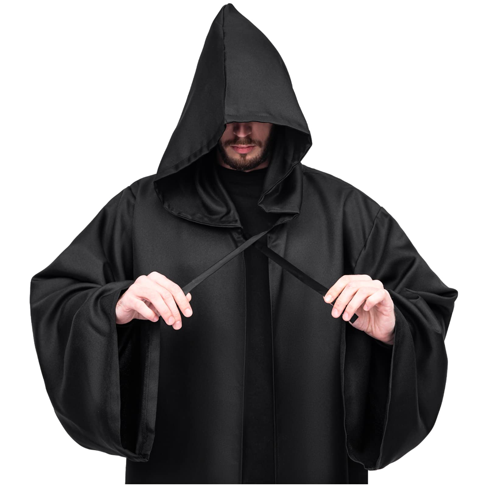Myir JUN Mantello con Cappuccio per Adulti, Costume da Halloween Carnevale Robe Adulto Uomo Mantello Medievale Cosplay (XXL, Nero)