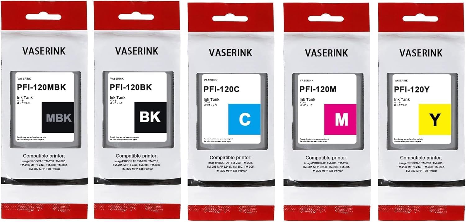 PFI120 130-ml Ink Tank (5-Pack, 1Black, 1Matte Black, 1Cyan, 1Magenta, 1Yellow) VASRINK Compatible PFI120MBK PFI120BK PFI120C PFI120M PFI120Y Replacement for Canon TM-205 TM-300 TM-305 Printer