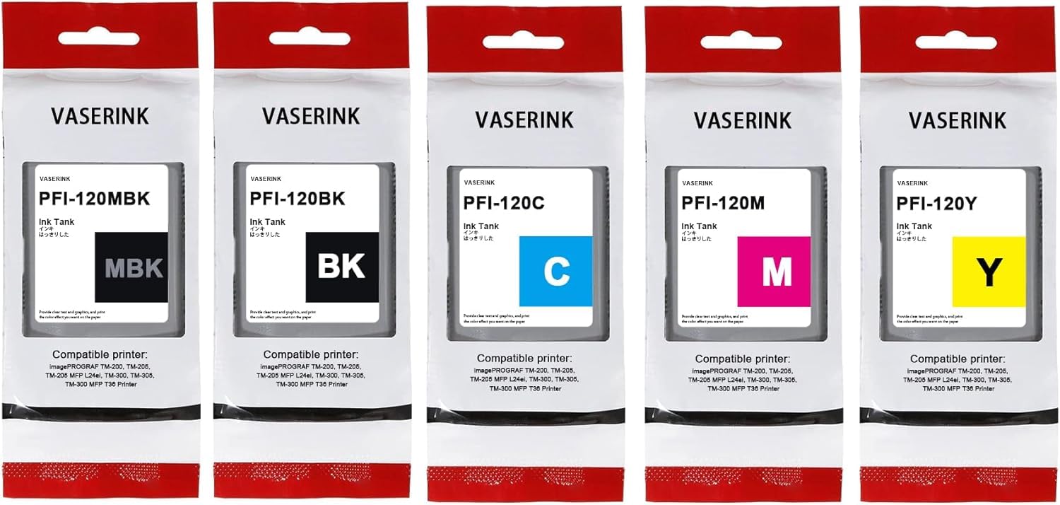 Photo 1 of PFI-120 130-ml Ink Tank Compatible PFI-120MBK PFI-120BK PFI-120C PFI-120M PFI-120Y Vasrink Replacement for Canon PFI-120 TM-205 TM-300 TM-305 TM-250 TM-350 TM-355 Printer(5-Pack, 1MBK/1BK/1C/1M/1Y)