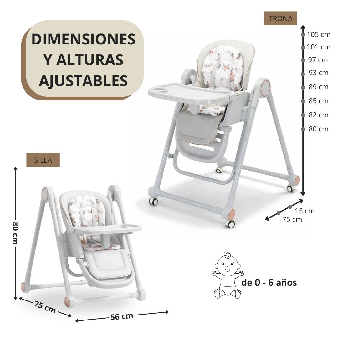 Trona Evolutiva 3 en 1, Incluye 2 Baberos, Plegable y Portátil, Altura, Reposapiés, Respaldo y Bandeja Ajustables, 8 Niveles de Regulación, Sistema Seguridad, Hasta 6 Años (Gris, Azul + Fucsia)