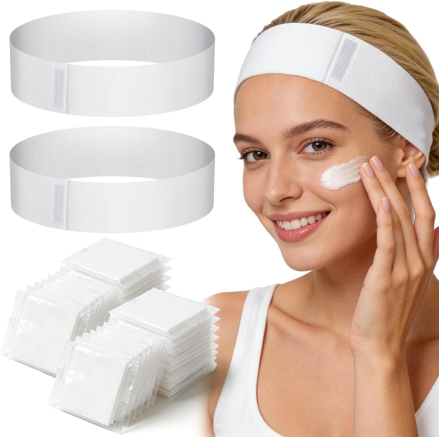 Noverlife 100PCS Disposable Spa Facial Headbands, Elastic Headband Wrap with Adjustable Magic Tape, Stretch Non-Woven Facial Bandeau, Soft Skin Care Essential Headband with Convenient Closure