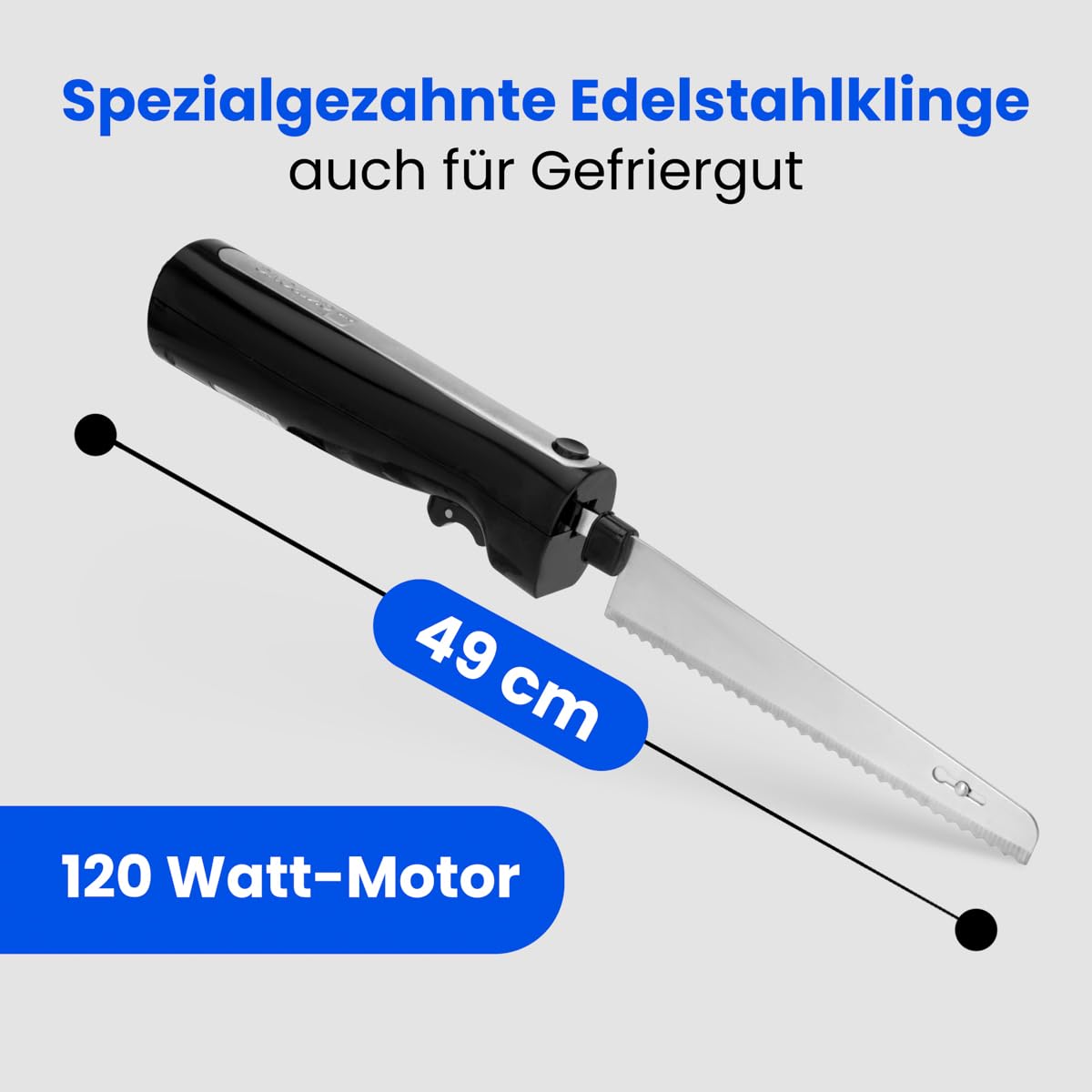 Clatronic Coltello elettrico EM 3702, coltello elettrico da cucina, ausiliario da cucina con motore da 120 W, incl. scatola di conservazione, acciaio inox/nero