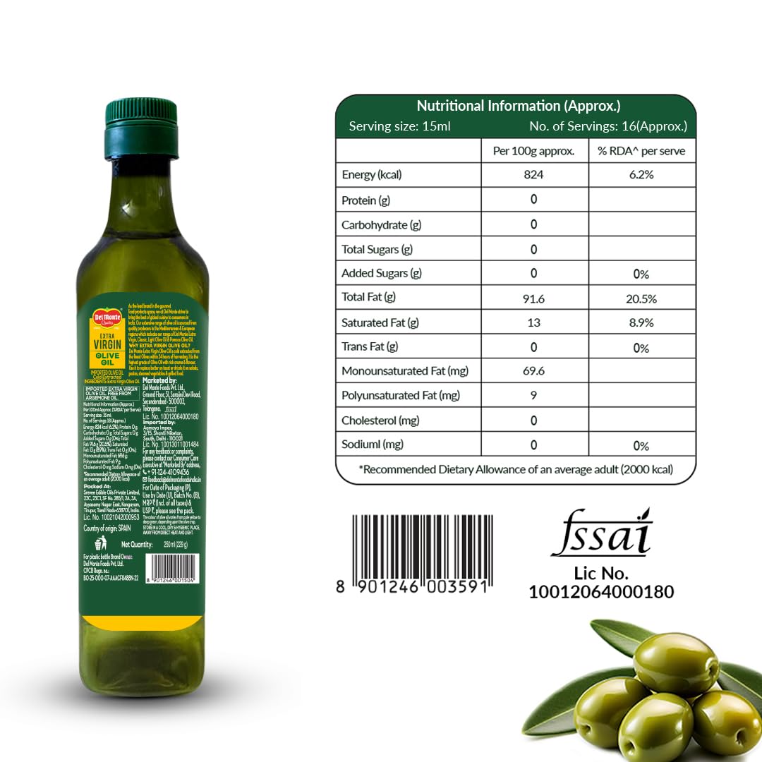 Del Monte Extra Virgin Olive Oil (Imported) 250ml| Cold Extracted | Ideal for Salad Dressing, Paratha & Marinating | Cholesterol & Trans Fat-Free, Natural Antioxidants, Rich in Vitamin E & K 1