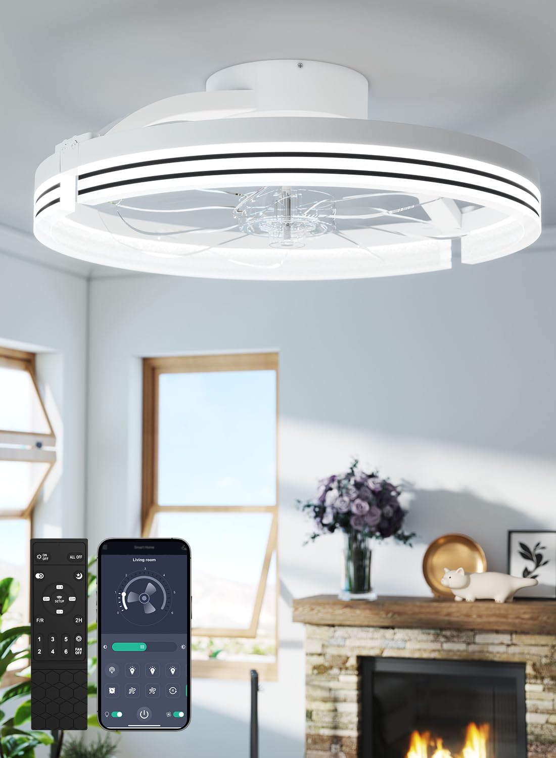 Ventilateur de Plafond 46cm avec Lumière LED, 6 Vitesses Réglables, Mode Réversible Avant/Arrière Dimmable 3000-6500K, Télécommande et Contrôle APP, Plafonnier LED Moderne pour Salon et Chambre, Blanc