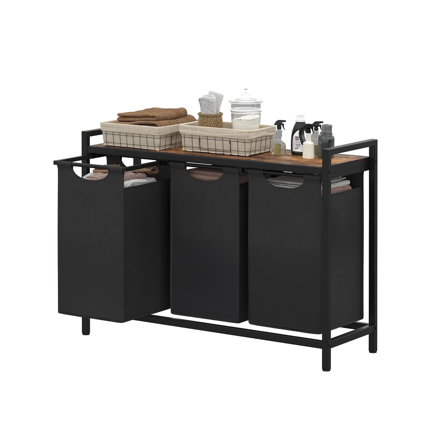 Cesto Portabiancheria Triplo con Sacchi Estraibili 3x38L, Ripiano Salvaspazio Nero-Grigio per Organizzazione Chiari e Scuri