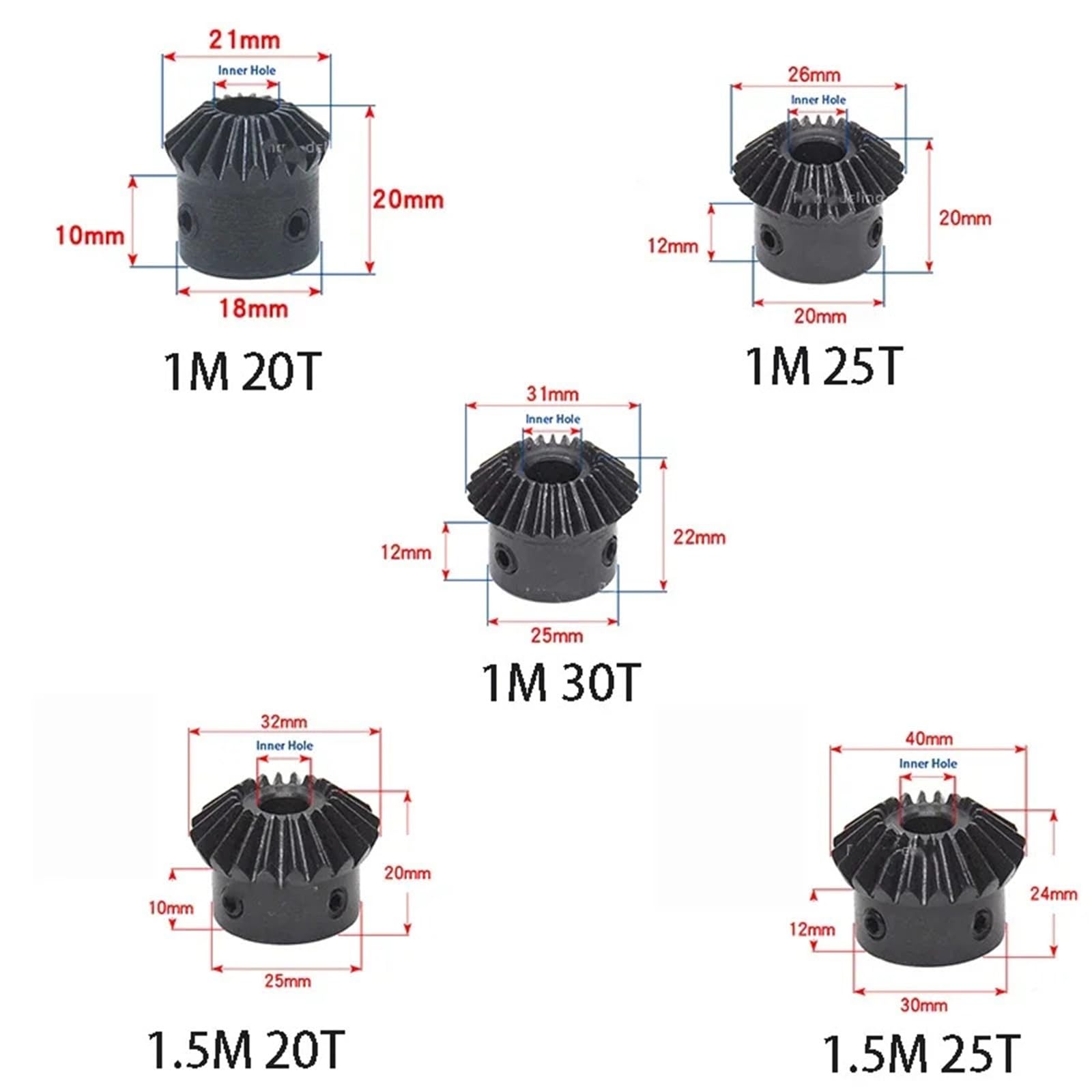 Engrenage conique 1:1 1/1,5 m 20/25/30 dents 45# acier 90 degrés alésage intérieur 5-12 mm 1 pièce(8mm,1M 25 Teeth)
