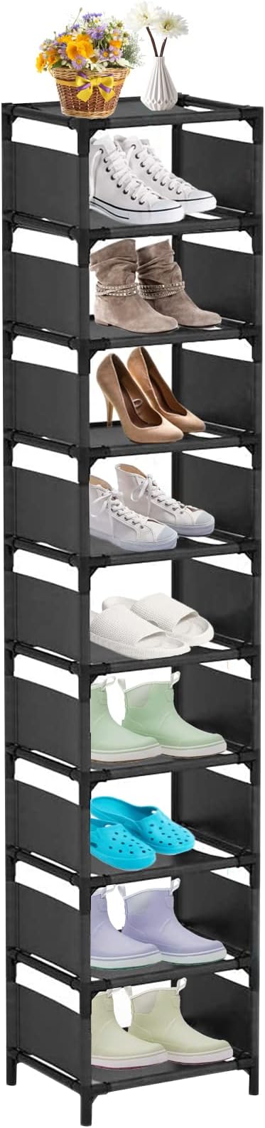 10 Tiers Vertical Shoe Rack, Tall Small Narrow Space Saving Shoe Storage Organizer for Entryway Door Single Pairs Sturdy Shoe Shelf (10 Tiers) (Black),33 x 28 x 160 cm
