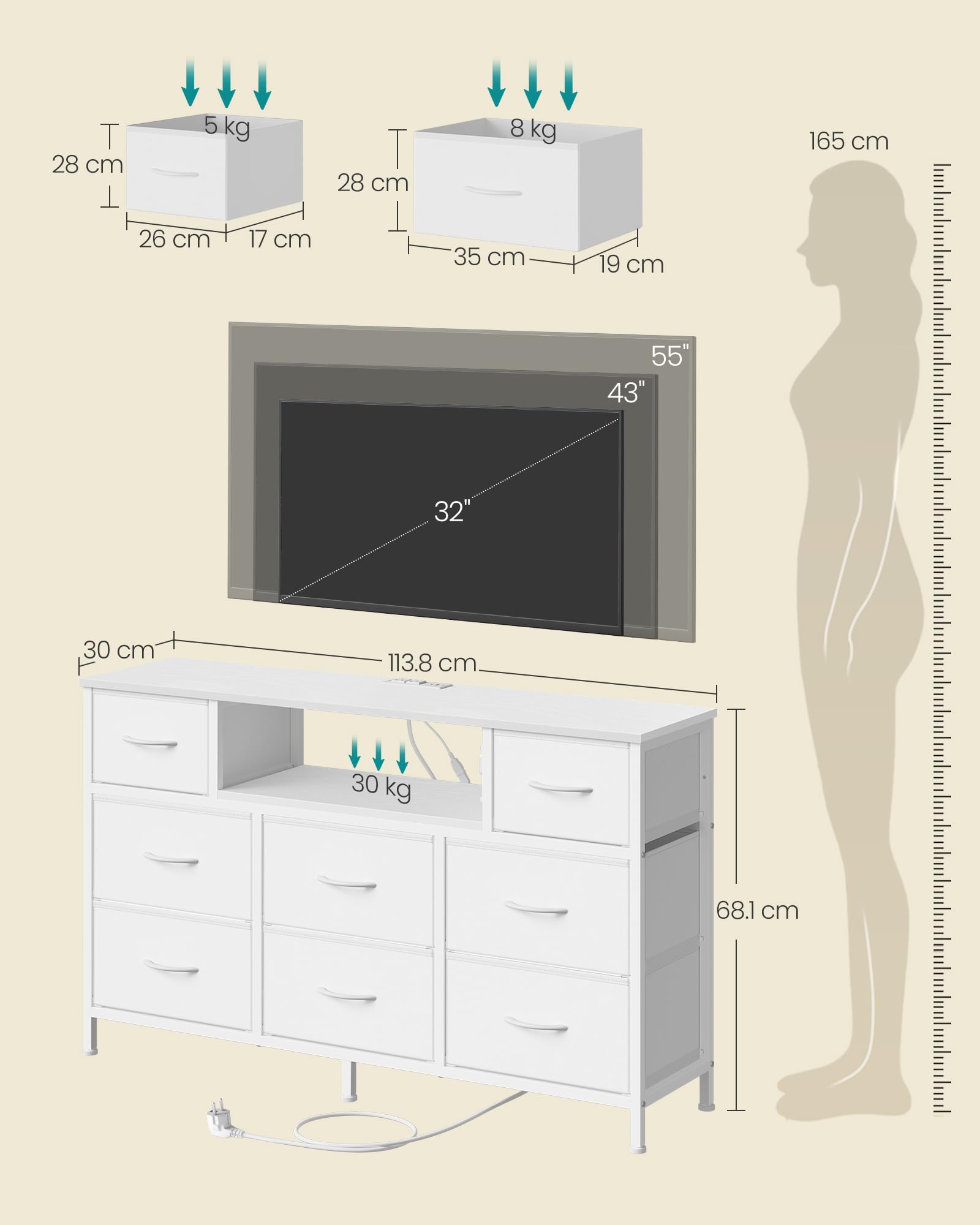 SONGMICS Commode, Meuble de Rangement avec LED et Prises, 8 Tiroirs en Tissu, Étagère Ouverte, 113,8 x 30 x 68,1 cm, pour Chambre, Salon, Blanc Nuage, Collection BELLAH LGS433WH02