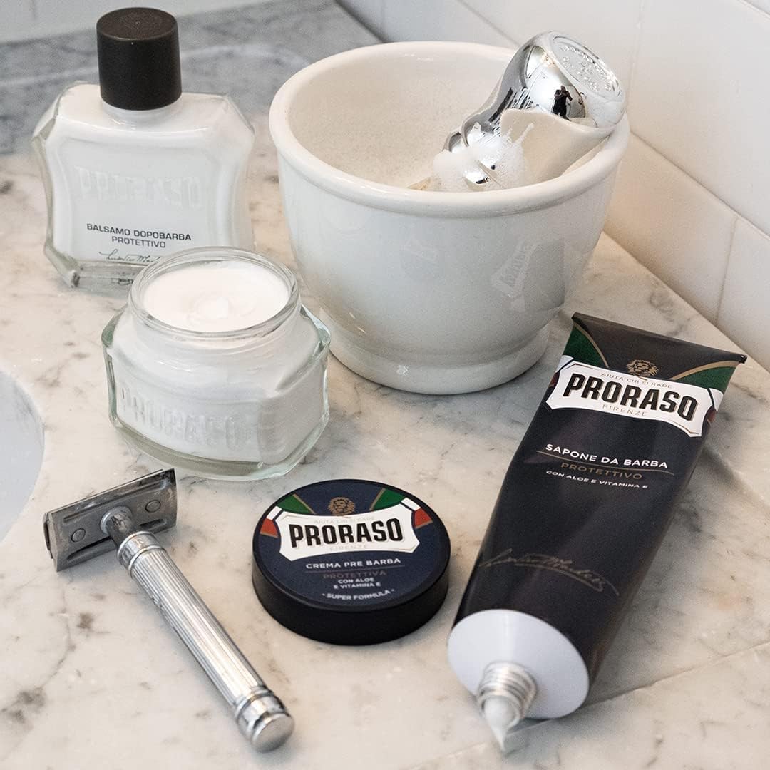 Proraso After Shave Bálsamo Protector, 100 ml, bálsamo barba con aloe vera y vitamina E, tónico facial calmante y suavizante sin alcohol, blanco