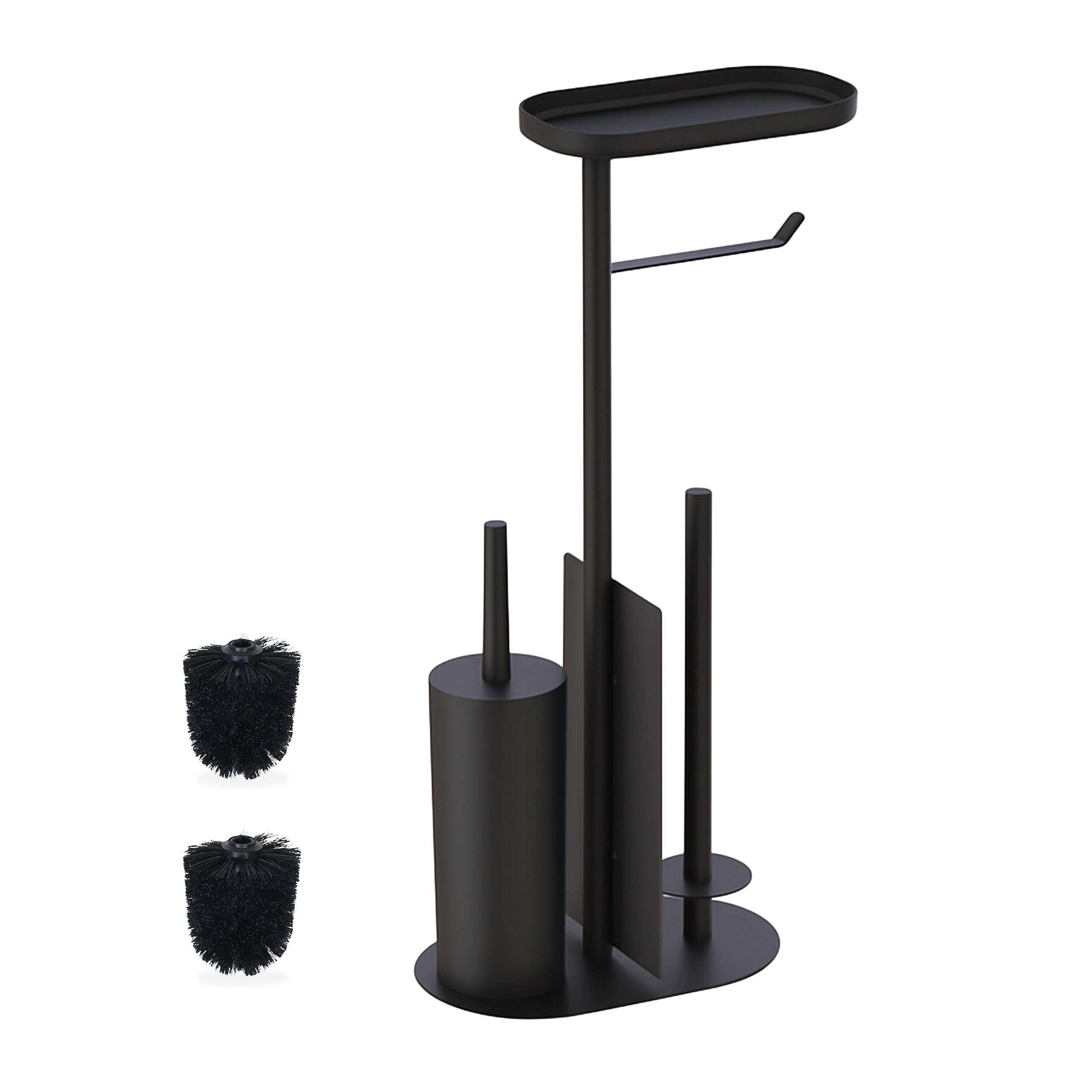 Relaxdays toilet set, HxWxD: 65 x 26 x 17 cm, standing toilet paper holder, brush, spare roll holder, shelf, black.