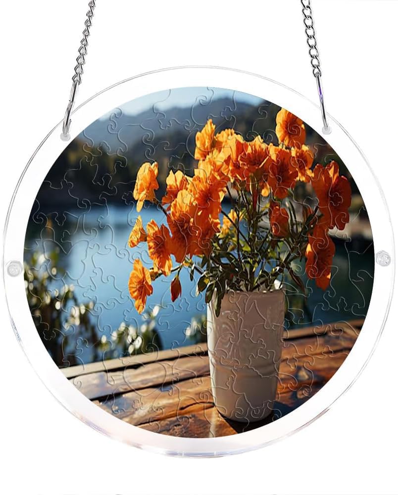 Orange Marigold Flowers in Vase By Lake Acrylic Jigsaw Puzzles Suncatcher, 8.9 Inch Window Hanging Suncatcher Acrylic Puzzle, DIY Home Decor Art Gift
