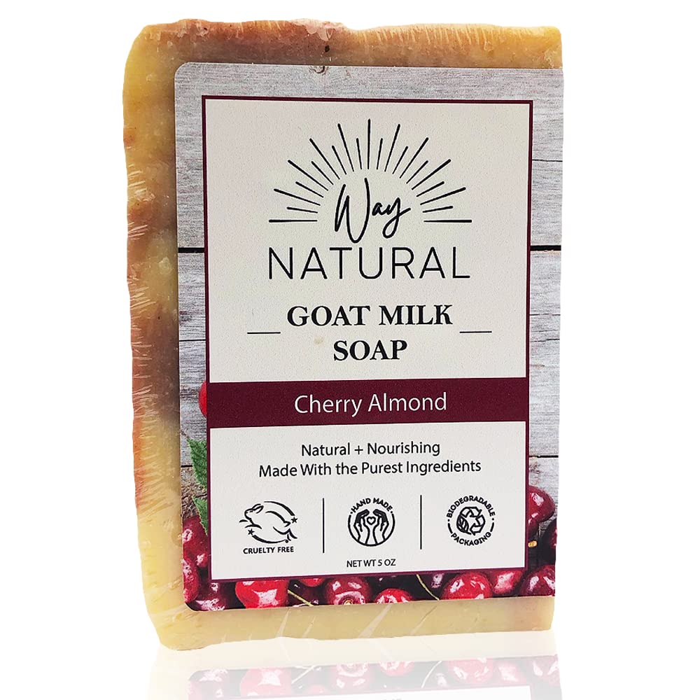 Goat Milk Soap Bar, Cherry Almond - Premium, Handmade w/Real Milk in USA - Hand & Body Goat Soap - Dry Skin, Gentle, No Dyes - (1 Large, 5oz)[Amazon-developed Certification] Compact by Design