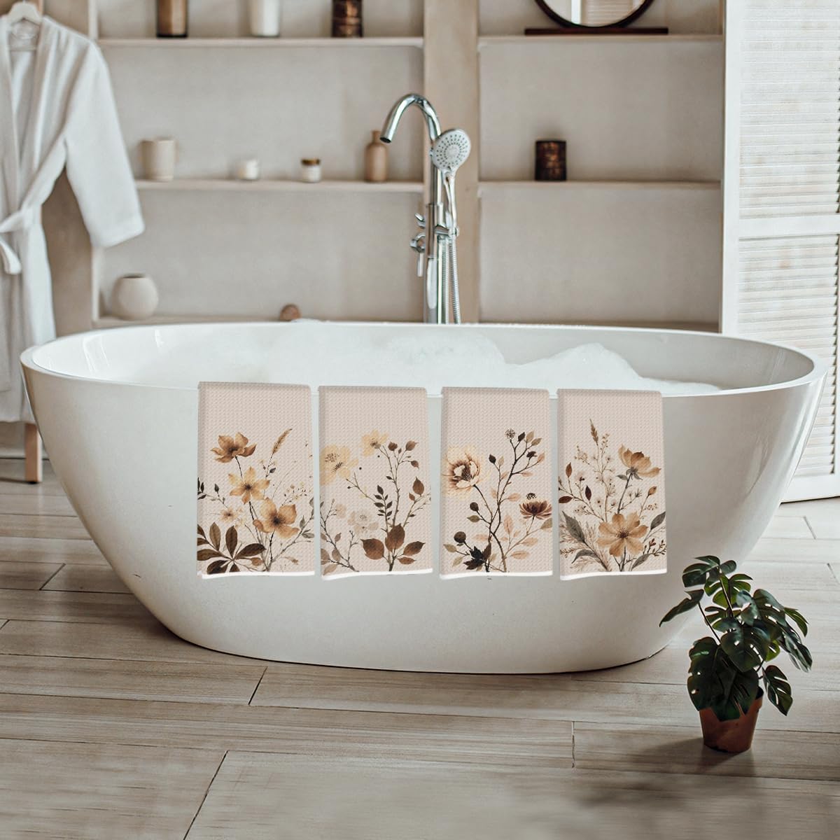 4 Pcs Artistic Flower Kitchen Towels, Vintage Decorative Absorbent Microfiber Dish Cloth Tea Towel, Aesthetic Waffle Soft Hand Towels for Farmhouse Home Bathroom Kitchen Decor, Housewarming Gifts - Image 5