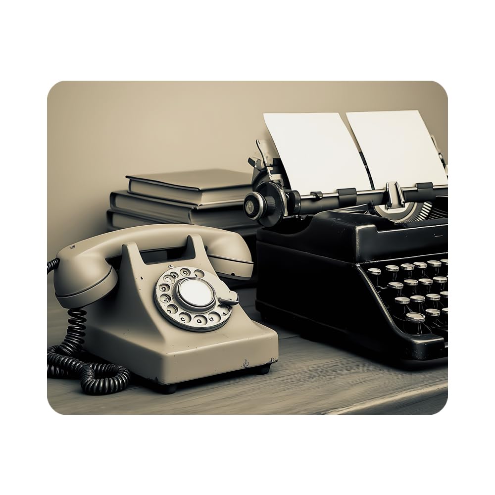 Nicokee Gaming Mouse Pad Vintage Phone Old Typewriter Books on Table Desaturated Photo Non-Slip Rubber Mouse Pad for Computers, Laptop, Office,