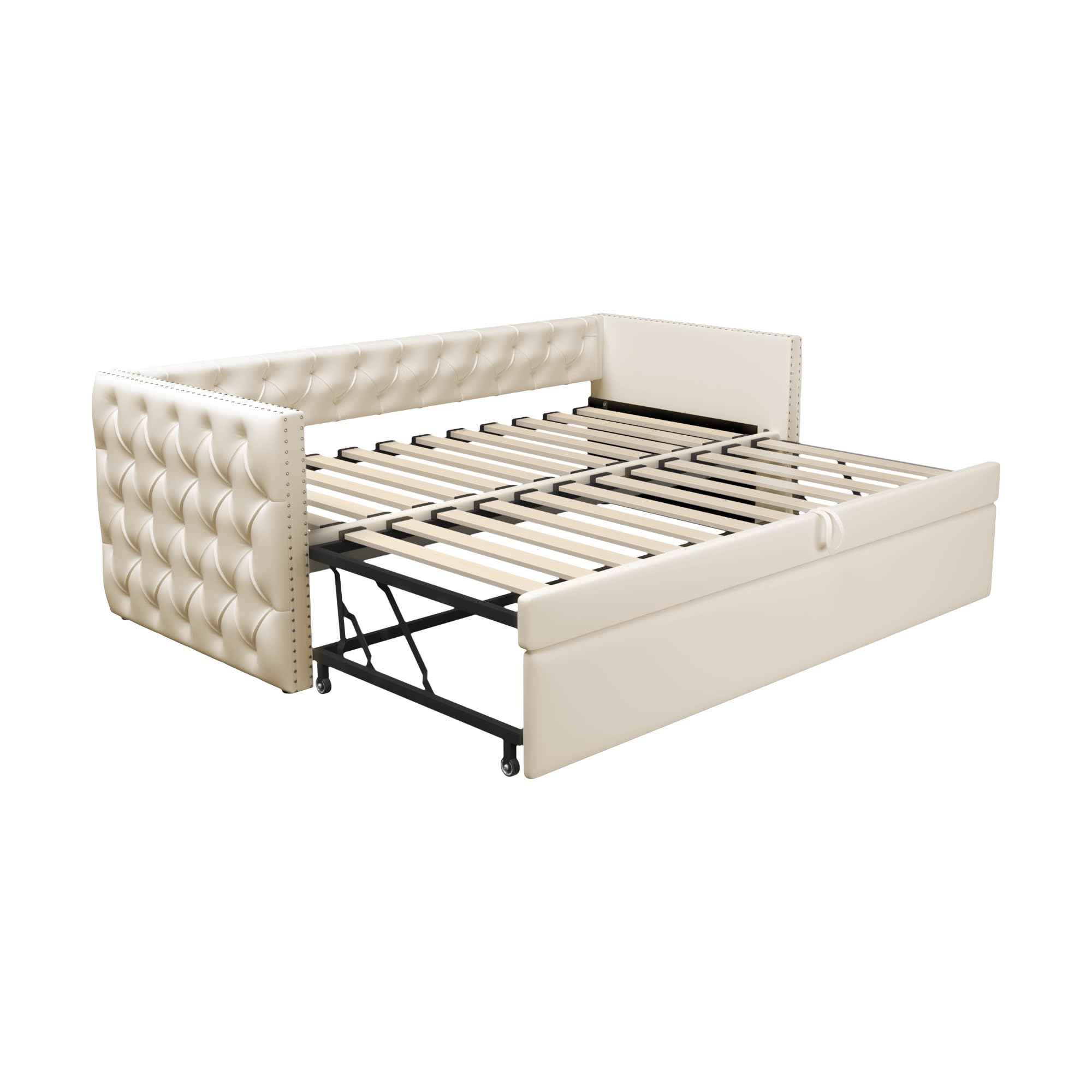 Letto Imbottito 90x200 Cm Con Rete A Doghe – Divano Letto In Velluto Beige – Senza Materasso - 5