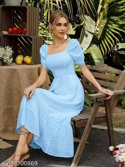 Image of Shreyam Girl's & Women's Solid A-Line Ruched Puff Sleeve Maxi Long Evening One Piece Long Dress for Women Stylish