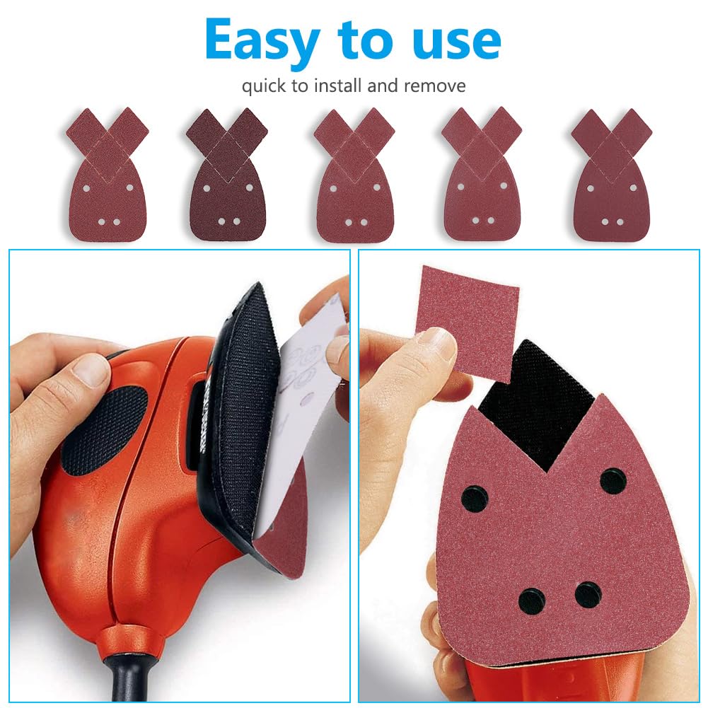 URAQT 50 Pezzi Mouse Fogli Abrasivi, Carta Vetrata per Levigatrice con 2 Testine di Ricambio, Triangoli Abrasivi Grana 40/60/80/120/240, per Levigatrici Manuali Black e Decker Detail