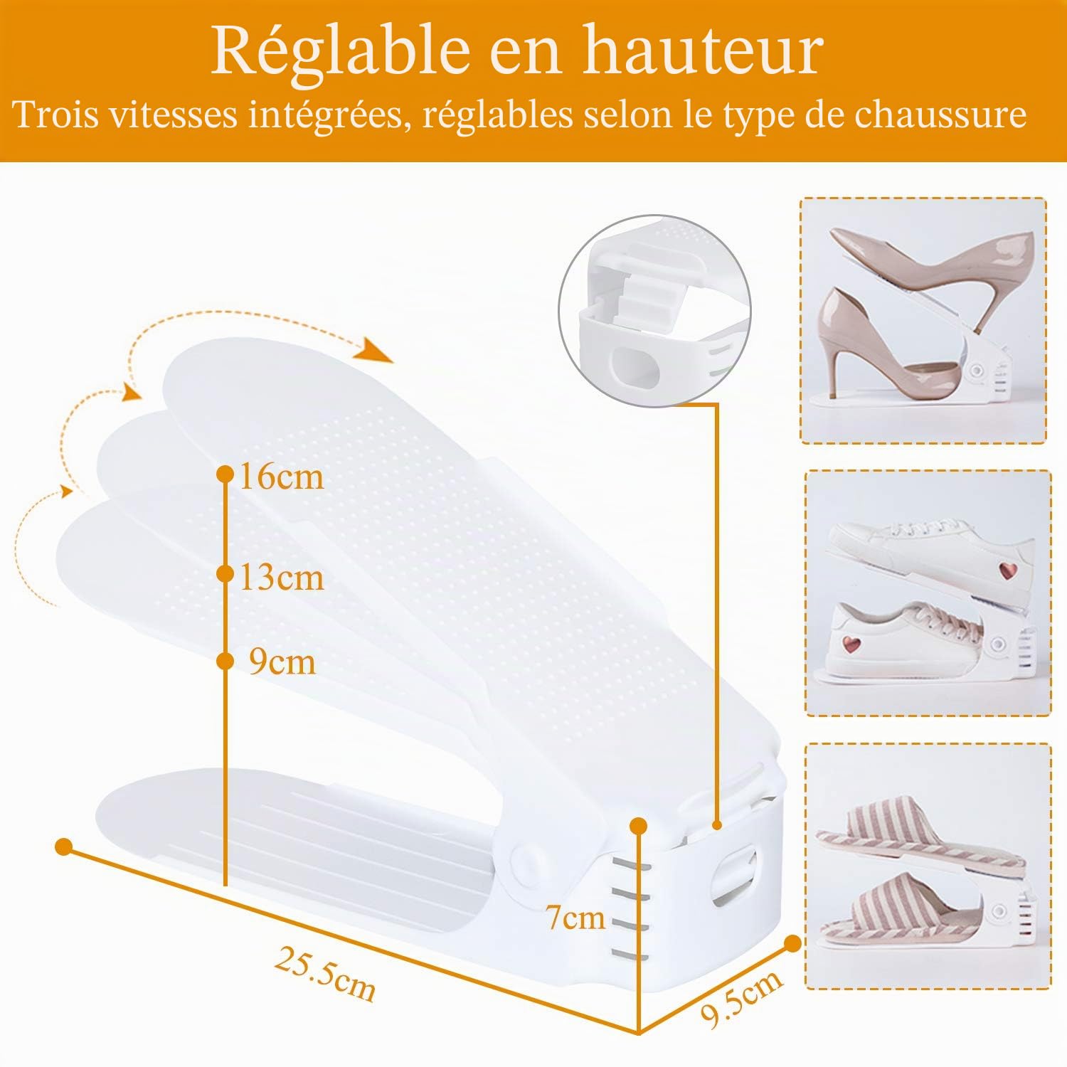 HENGMEI Lot de 30 Étagère à Chaussures Réglable, Rangement Chaussures, Organisateur de Chaussures, 3 Réglables en Hauteur, Antidérapant, Blanc