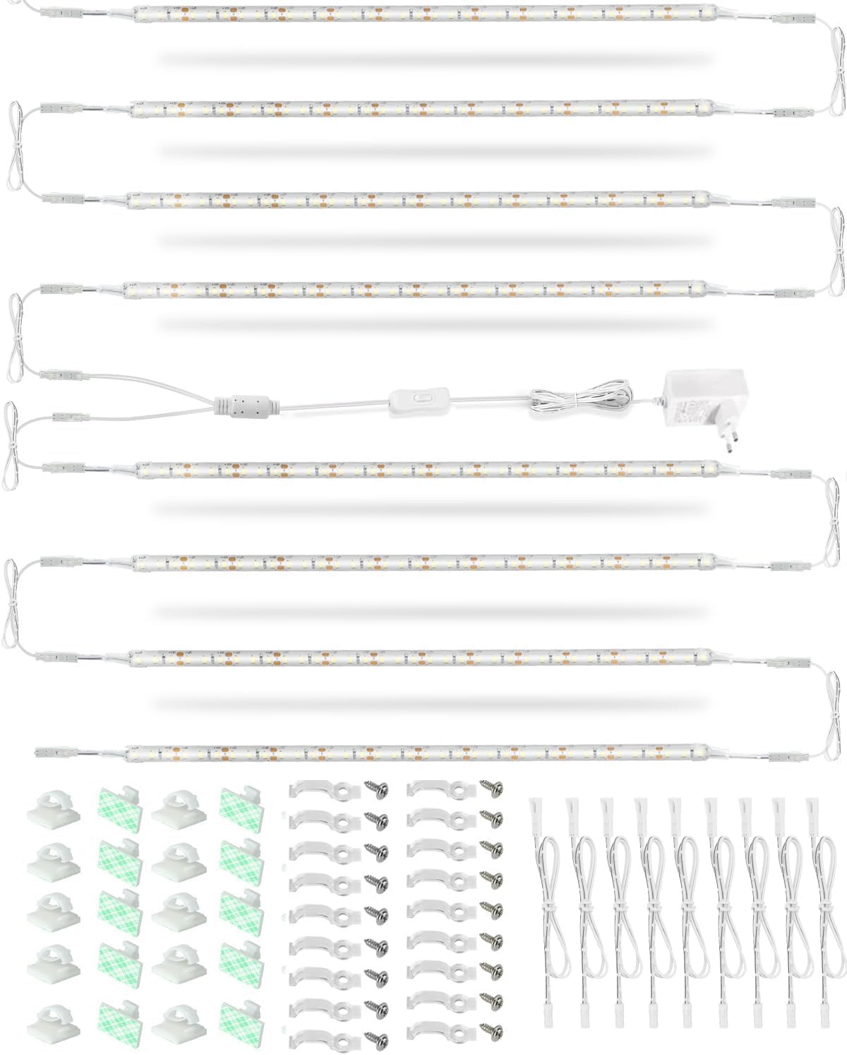 Cefrank Set di luci a LED ultra luminose da 20 W, per scaffali, 8 strisce da 30 cm, 2000 lm, flessibili e durevoli per librerie, armadi, dispensa (Bianco)