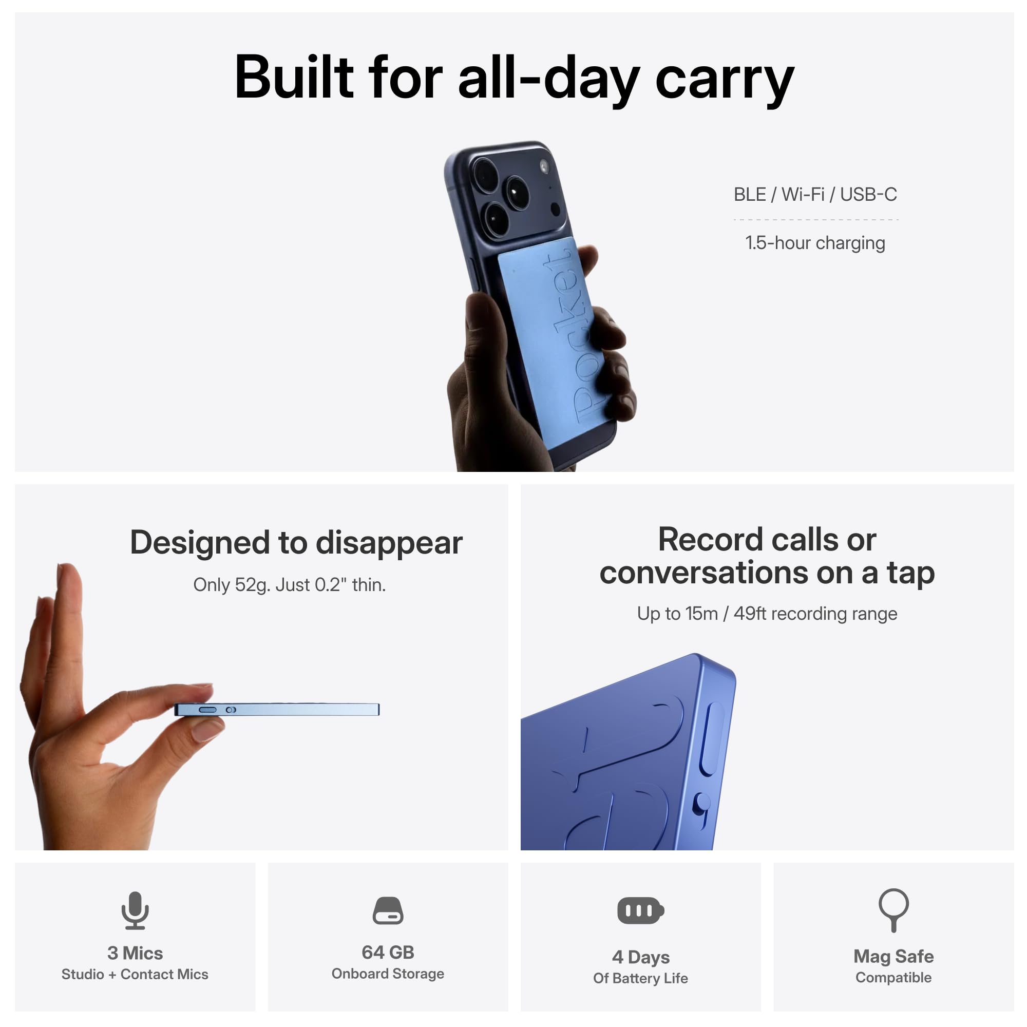 Grabadora de voz Pocket AI y asistente inteligente – Transcripción automática, resúmenes y artículos de acción – Tomador de notas de IA portátil para reuniones, llamadas y productividad – Azul Sierra