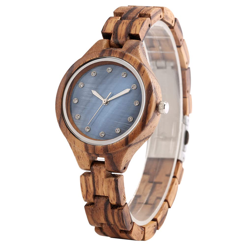CAIDAI&YL Orologio da polso da donna con cinturino in legno con strass display quadrante rotondo rosa/blu orologio da donna in legno di quarzo zebrano, blu