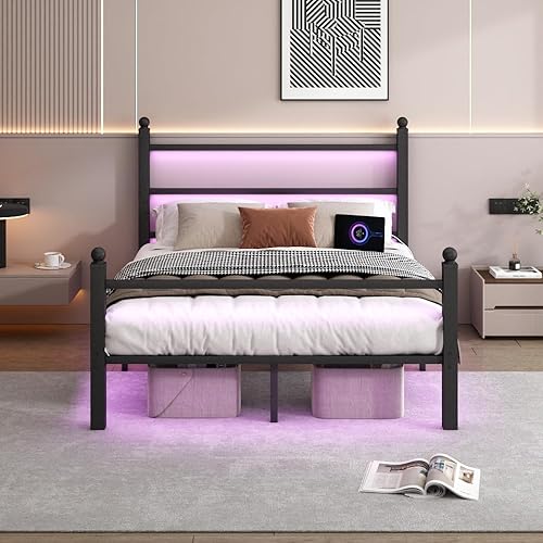 Base de cama tamaño queen con cabecera y estribo, soporte de listones de acero - Base de cama LED con estación de carga USB, base de colchón -
