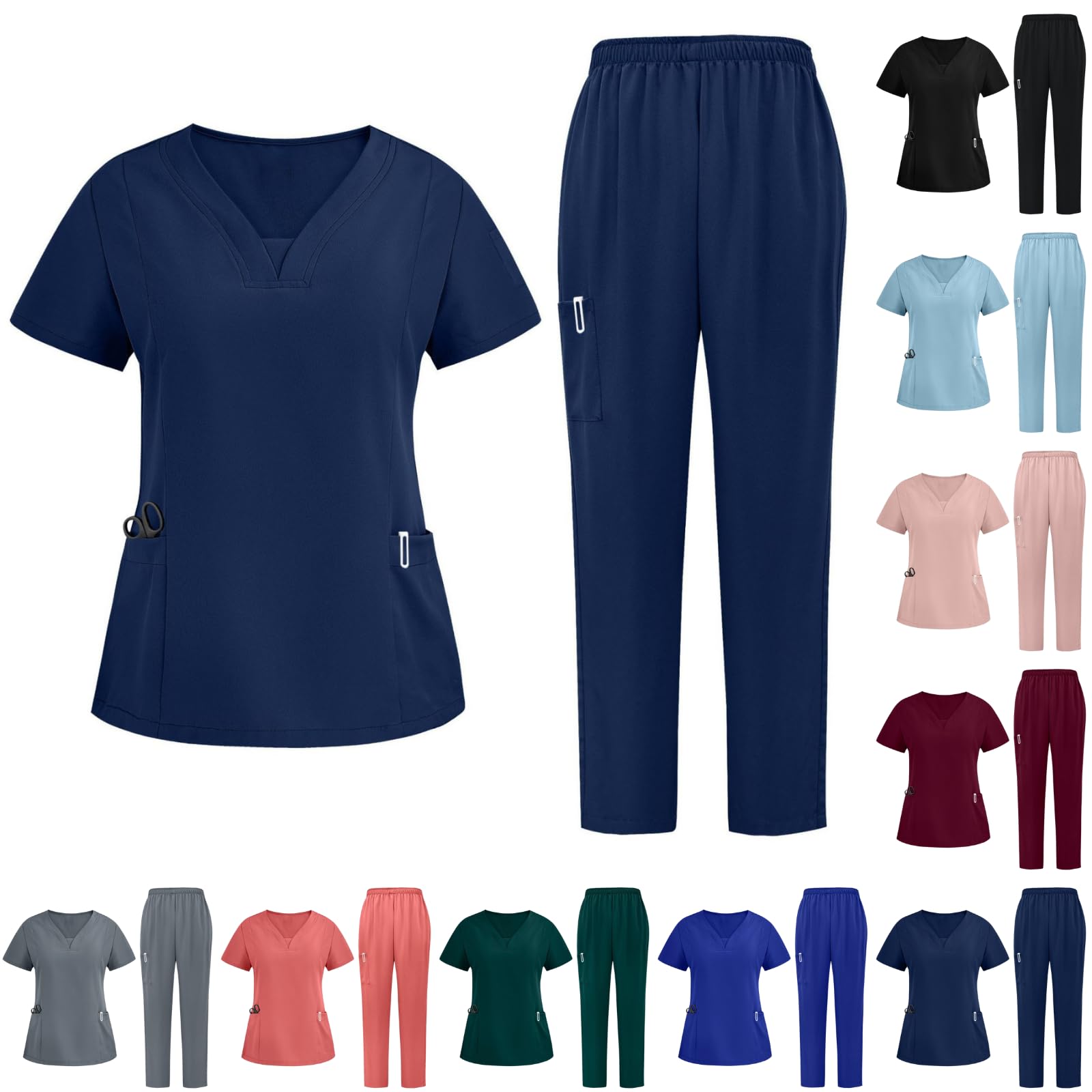 TIGENA Scrubs For Women Set V-Neck Top & Pants Medical Scrubs Nurse Uniform Clinical Modern Suit with 3 Pockets