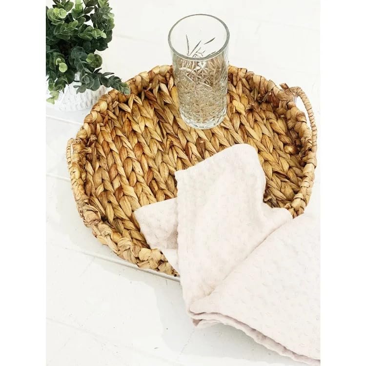 Deconox 3'lü Rustik El Yapımı ve Doğal Yuvarlak Hasır Kulplu Tepsi Seti, 3'lü Hasır Yuvarlak Kulplu Tepsi Seti, Rattan 3 Boy Tepsi (38 * 6cm-34 * 6cm-30 * 24 * 6cm)