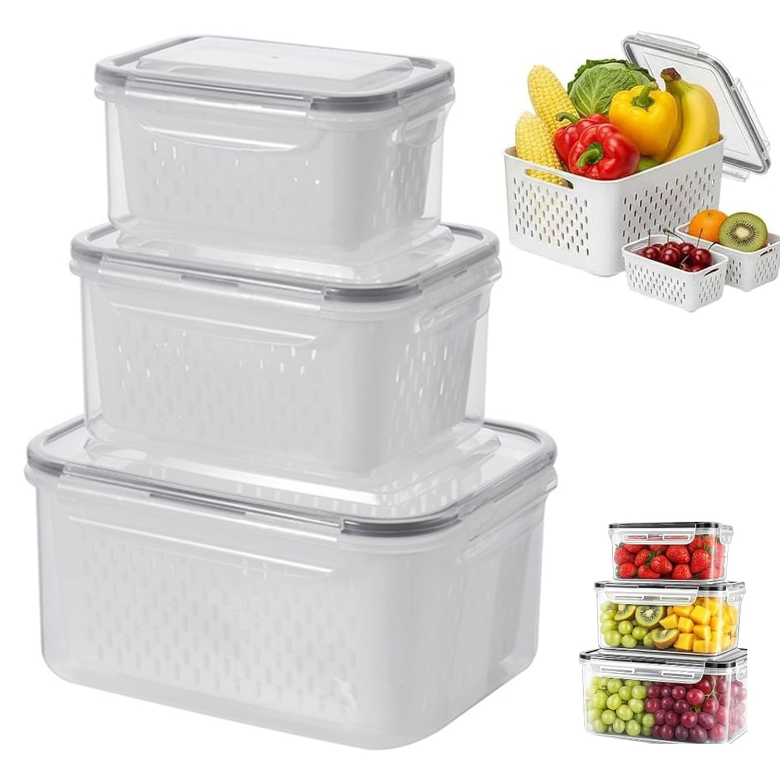 Sohodoo Container with Strainer, Berry Containers for Fridge,Food Storage Container with Detachable Drain Basket, Leakproof Food Storage Containers Removable Colander(Gray)
