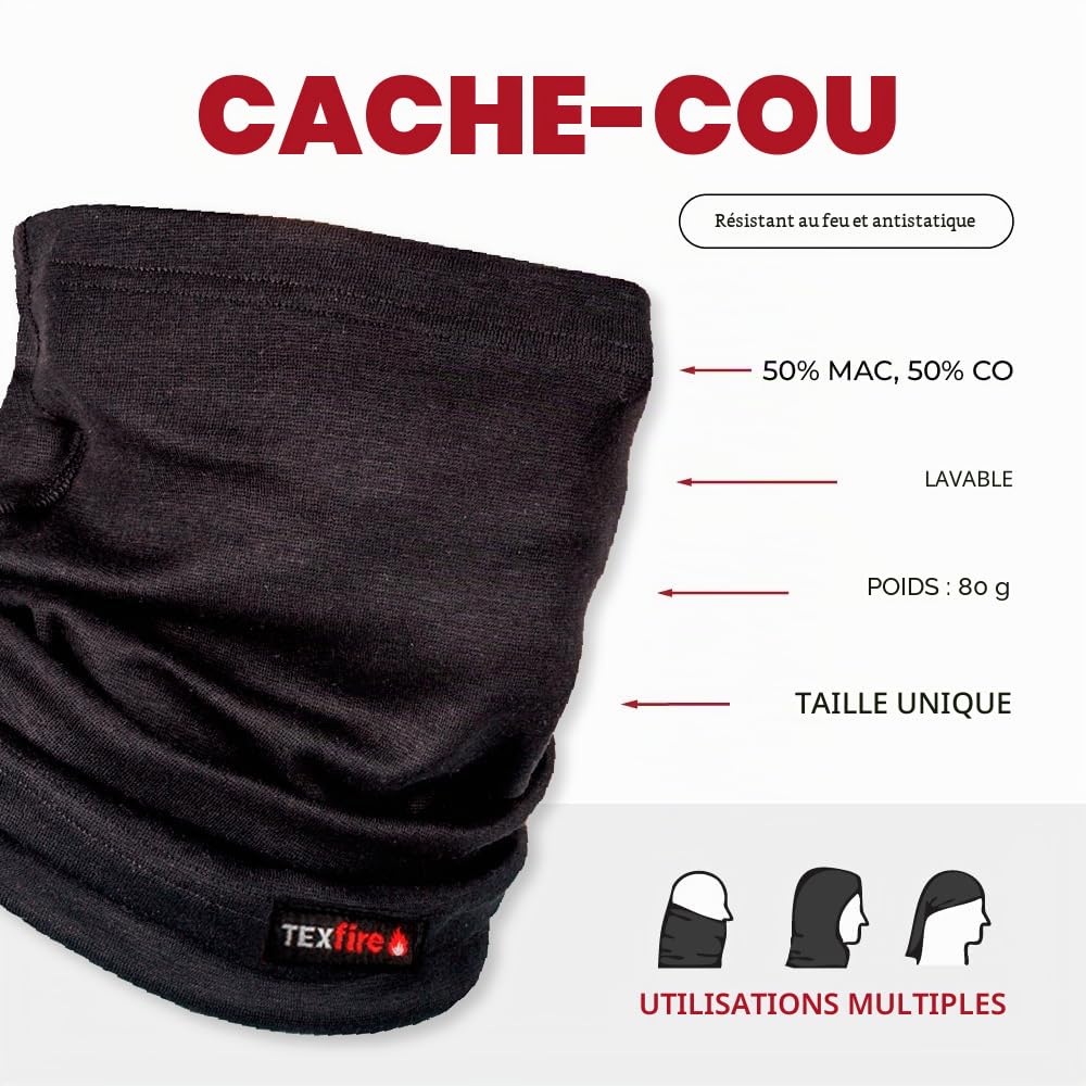 TEXFIRE | Tour de cou ignifuge pour soudeur. Protection contre les étincelles de soudure. Certifié CE et EPI CAT II. Respirant et très élastique.