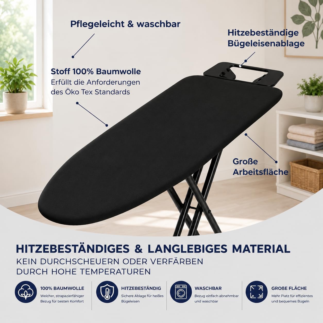 STAHLMANN® Bügelbrett schwarz [110 x 30 cm] – höhenverstellbarer Bügeltisch [platzsparend klappbar] – Bügelbrett mit Bügeleisenablage – Ironing Board