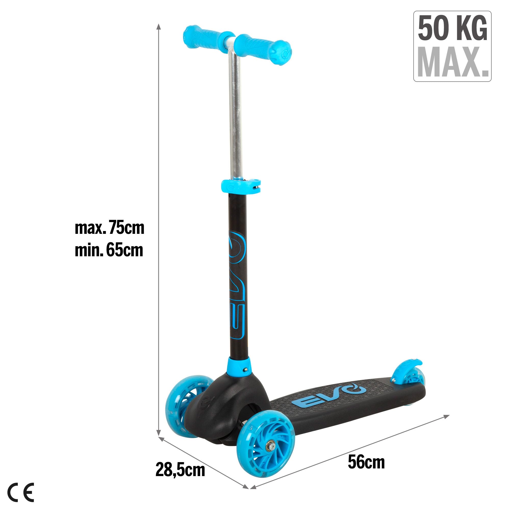 ColorBaby EVO Monopattino a 3 ruote, nero e blu, luci a LED, manubrio regolabile, base antiscivolo, freno posteriore, peso massimo 50 kg, Giocattoli per bambini 3 anni, Monopattino per bambini (54337)