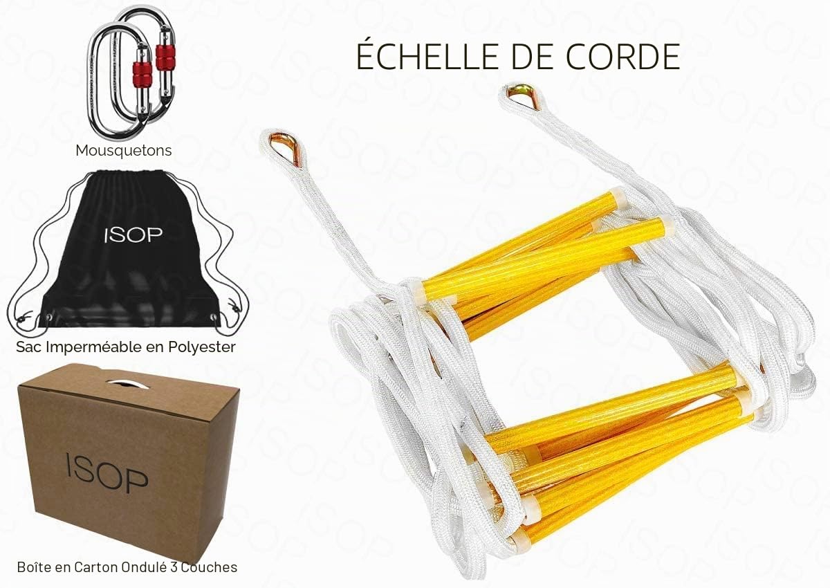 Échelle de Secours en Corde de 5 m | Échelle d'urgence avec Mousquetons | Échelle d'éjection Multifonction | Équipement de Fuite pour Incendie | Usage Intérieur et Extérieur | Longueur 5m