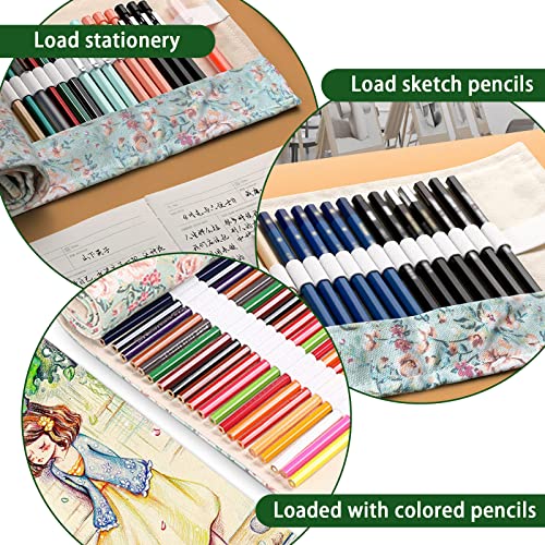 Image of Yitexin 72 Slots Canvas Pencil Roll Wrap, Handmade Roll-Up Pencil Case Pouch Fabric, Large Capacity Pencil Case Holder Organizer for Artists Painting, Sketchers(Flower)