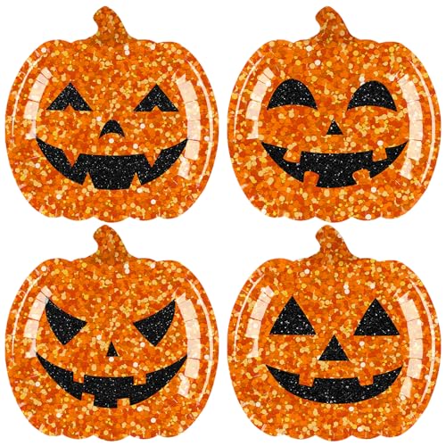 CMUSKO 48Pcs Halloween Pumpkin Plates - 9 Inch Orange Glitter Pumpkin Shape Disposable Paper Plates for Spooky Halloween Party Supplies