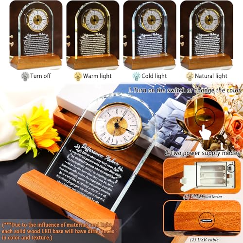 Image of Ornalrist Difference Maker Clock Gifts for Men Women Glass Clock Keepsake with Wooden LED Base Thank You Appreciation Gifts for Boss Teacher Employee Coworker Mentor Motivational Office Desk Decor
