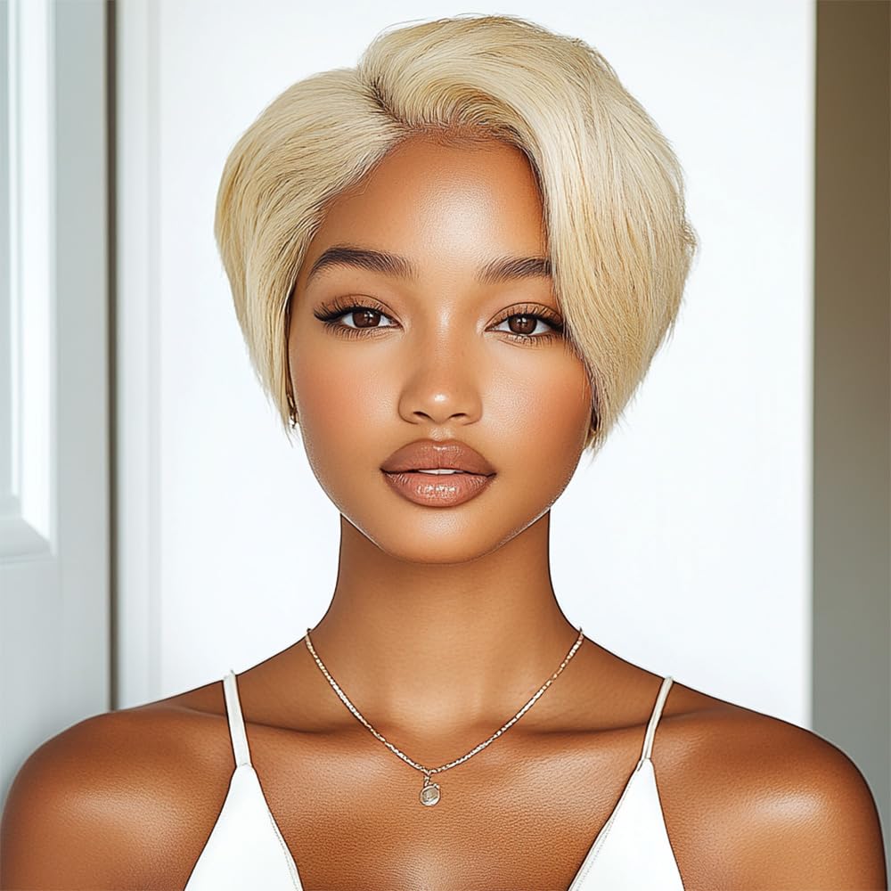 DÉBUT Human Hair Pixie Wig Side Part Lace Front Wigs with Side Fringe Swept Bangs Short Pixie Cut Wig 613 Color