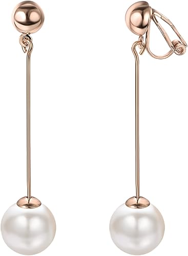 yoursfs Aretes largos con clip de barra para mujer chapados en oro de 18 quilates sin perforar aretes roscadores simples Metal Perla sintética